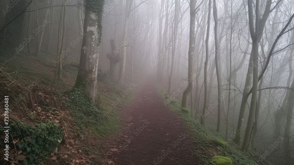 Fairy tale foggy forest trail. Fairy tale foggy forest trail.