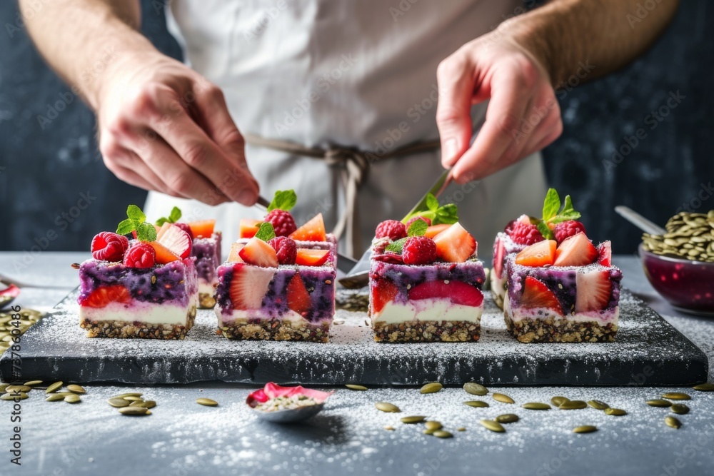 Man chef cook make Raw vegan cakes with fruit and seeds, pieces of raw dessert, diet, gluten free, vegetarian food Man chef cook make Raw vegan cakes with fruit and seeds, pieces of raw dessert, diet, gluten free, vegetarian food