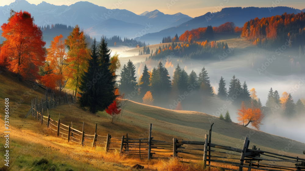 Foggy mountain landscape. Carpathian mountains, Ukraine. - obrazy, fototapety, plakaty 