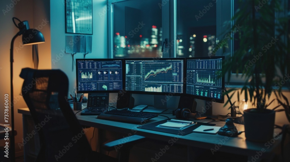 Computer monitors, laptop with trader charts on the desk. Trader workplace concept Computer monitors, laptop with trader charts on the desk. Trader workplace concept