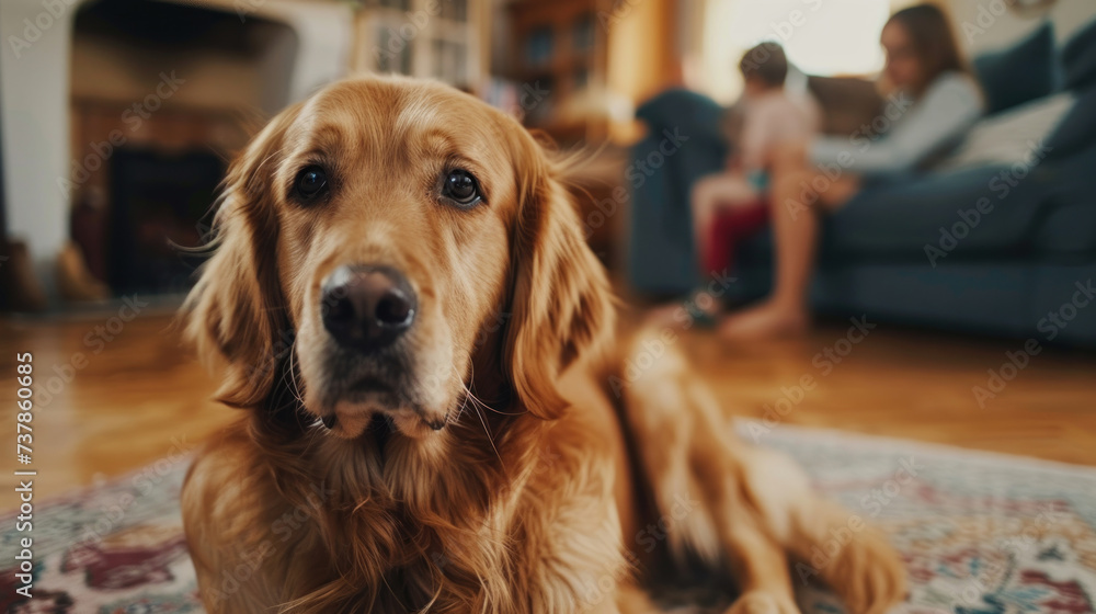 Golden Retriever on rug with family in background at home. Social distancing and self isolation in quarantine lockdown for Coronavirus Covid19. - obrazy, fototapety, plakaty 