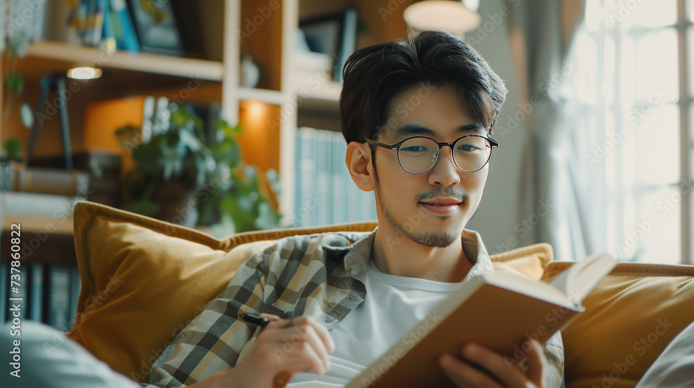 joyful young Asian man in casual clothes and eyeglasses reading book while relaxing at living room of his home.