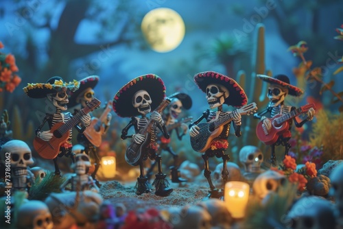 Group of skeletons dressed in vibrant mariachi outfits, playing festive music amidst a moonlit graveyard, celebrating the Day of the Dead photo