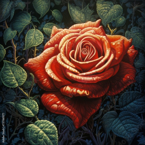 Artistic painting featuring a red Rosa centifolia rose against a cloudy sky , generated by AI photo