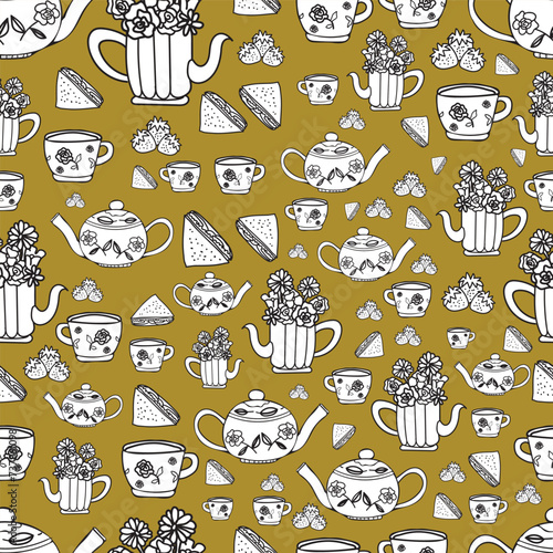 Motif répété éléments tea party illustration vectorielle en fond d'oré