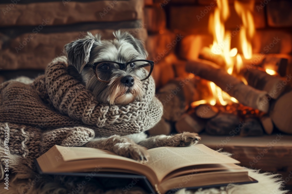 Wise old dog, wearing a knitted scarf and spectacles, sitting by a crackling fireplace with a book beside them