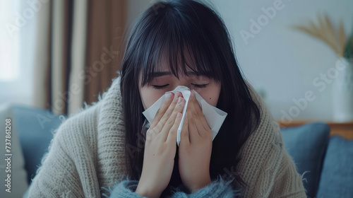 Sick young asian woman sitting under the blanket on sofa and sneeze with tissue paper at home. Female blowing nose, coughing or sneezing in tissue at home, suffering from flu. Cold and fever concept.