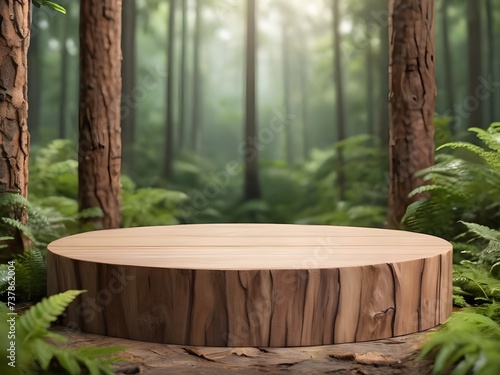 A wooden podium  display forest with a green blur background. photo