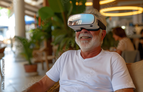 an elderly man with a beard, wearing virtual reality glasses, smiling, sits at a table in a cafe © Olena
