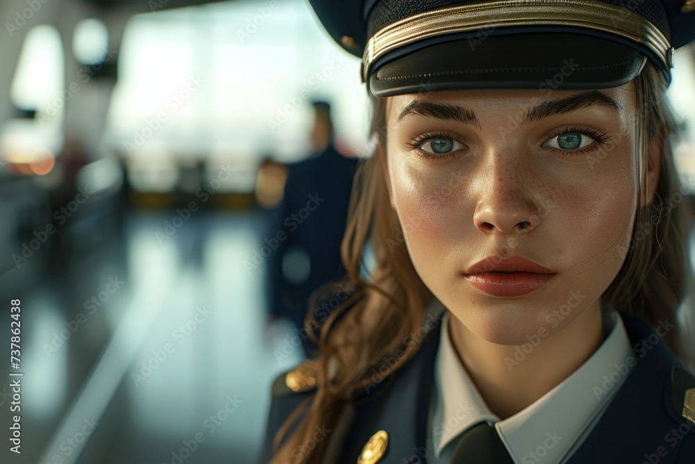 Portrait of beautiful Caucasian flight attendant in airport terminal Portrait of beautiful Caucasian flight attendant in airport terminal