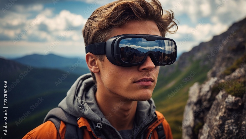 person in the mountains in VR glasses person in the mountains in VR glasses