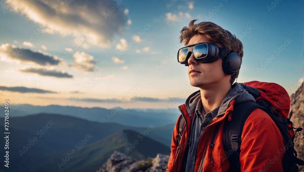 person in the mountains in VR glasses person in the mountains in VR glasses