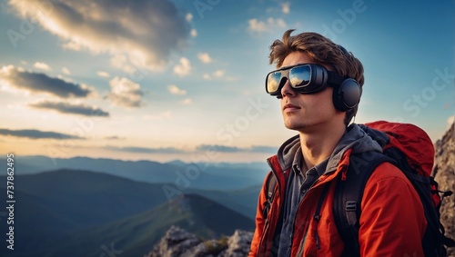 person in the mountains in VR glasses