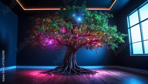 Holographic glommy tree with purple and blue lights,  empty room background photo