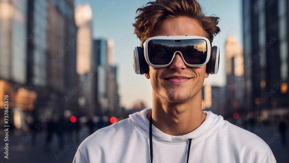 portrait of a smiling happy man VR glasses against the backdrop of the city landscape portrait of a smiling happy man VR glasses against the backdrop of the city landscape