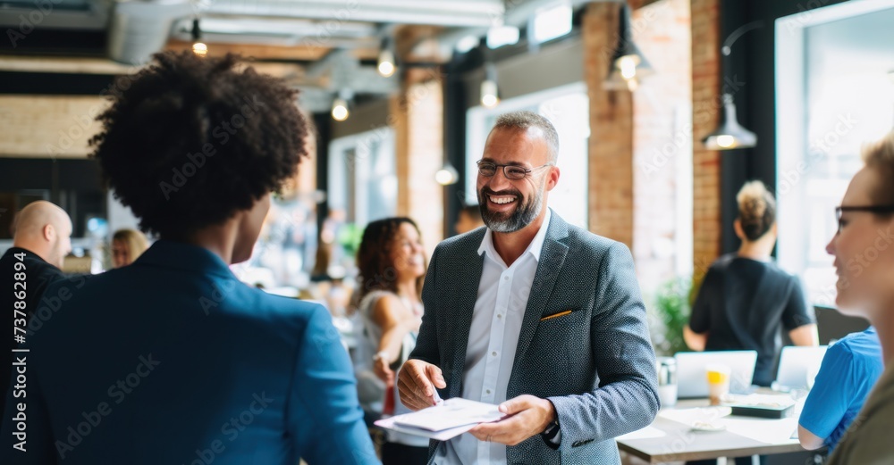 Professionals forging connections at a business networking event Professionals forging connections at a business networking event