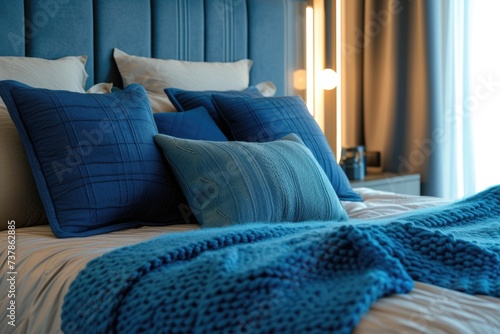 Cozy Bedroom with Blue Accents and Knitted Throw