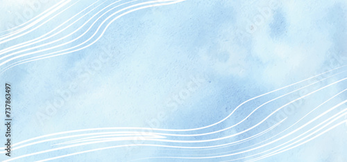 Abstract  banner design with watercolor texture vector. Art blue background strip. White waves template card. Marine concept.