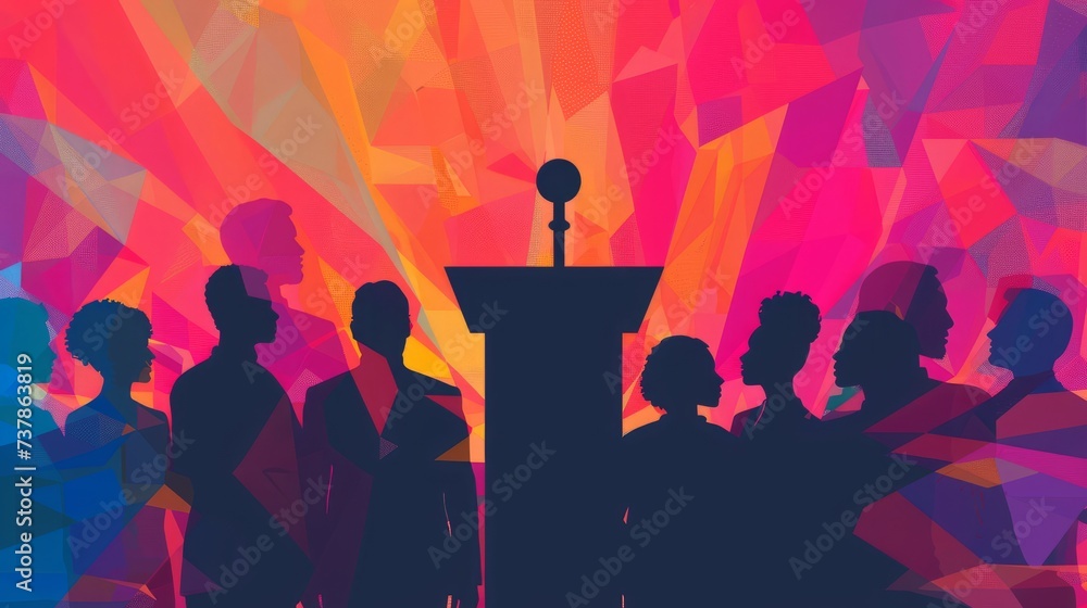 Equal Representation Podium: A silhouette of a podium with diverse individuals standing together, symbolizing equal representation and voices being heard in decision-making processes.

 - obrazy, fototapety, plakaty 