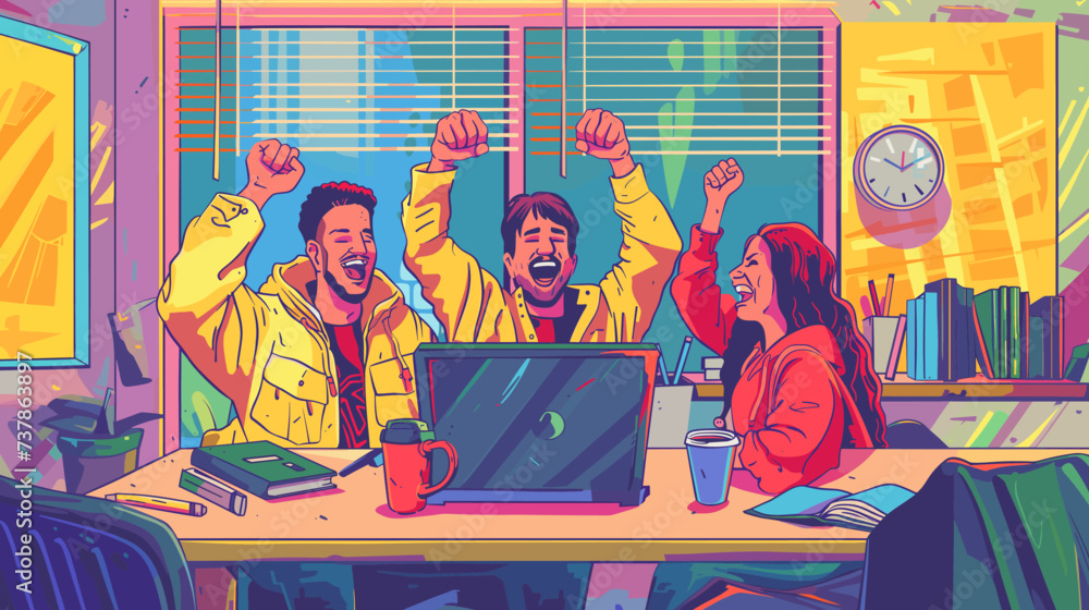 Colorful illustration of three people celebrating a successful moment in front of a laptop. Colorful illustration of three people celebrating a successful moment in front of a laptop.