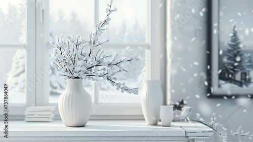 A delicate vase adorns a tall white window, resting on a white wooden table. A framed picture of a snowy landscape serves as the background.