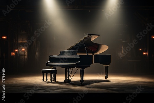 a piano on a stage with lights