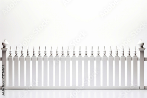 White fence with many poles on it and white background.