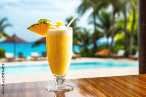 Tropical Mango or pineapple cocktail, lassi garnish pineapple near swimming pool on background of ocean on sunny day. Copy space.