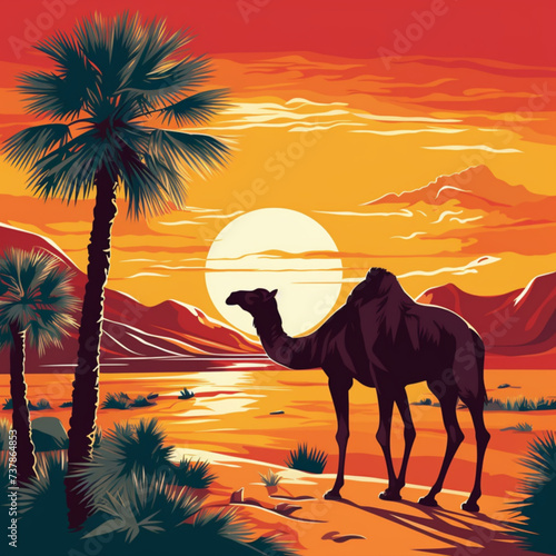 a design print of a camel in the desert mixed with dates palm  vector  imagination