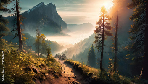 landscape, sunrise in the mountains, fog swirling in the wind #737865417