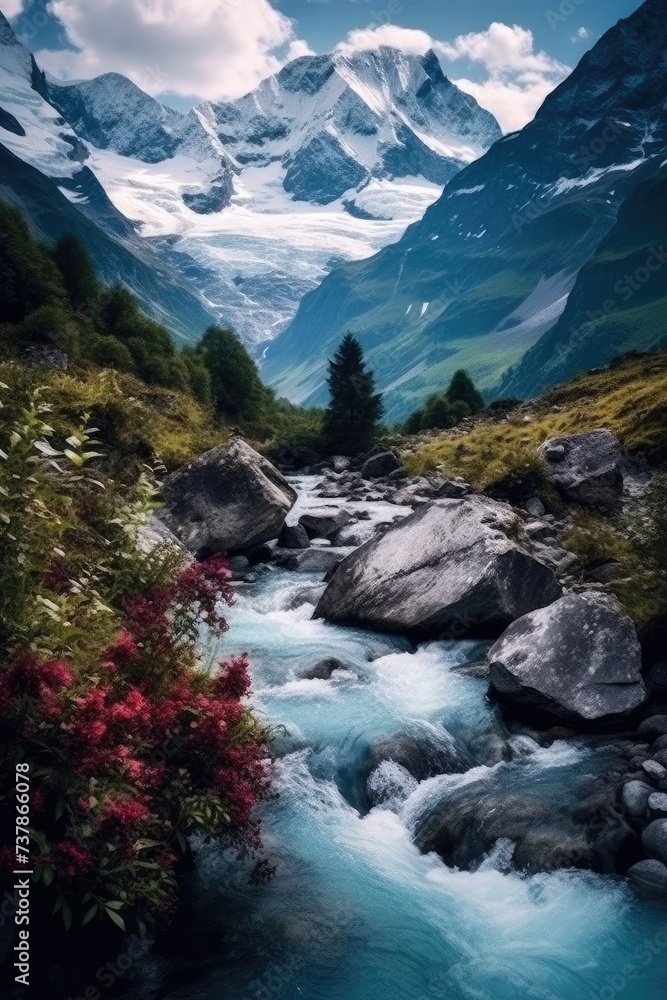 Mystical Mountain Majesty: Waterfalls and Wildflowers in a Dreamy Valley - Generative AI Mystical Mountain Majesty: Waterfalls and Wildflowers in a Dreamy Valley - Generative AI