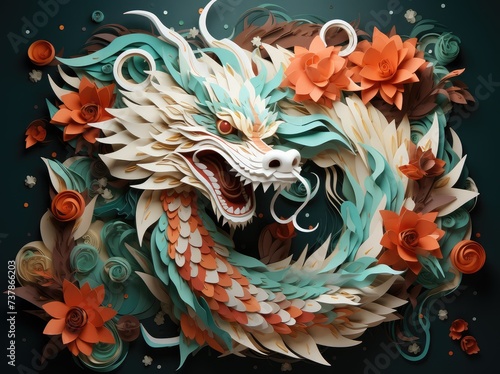 Floral Fury: An Intricate Dragon Sculpture Blooming with Paper Artistry - Generative AI © Gelpi