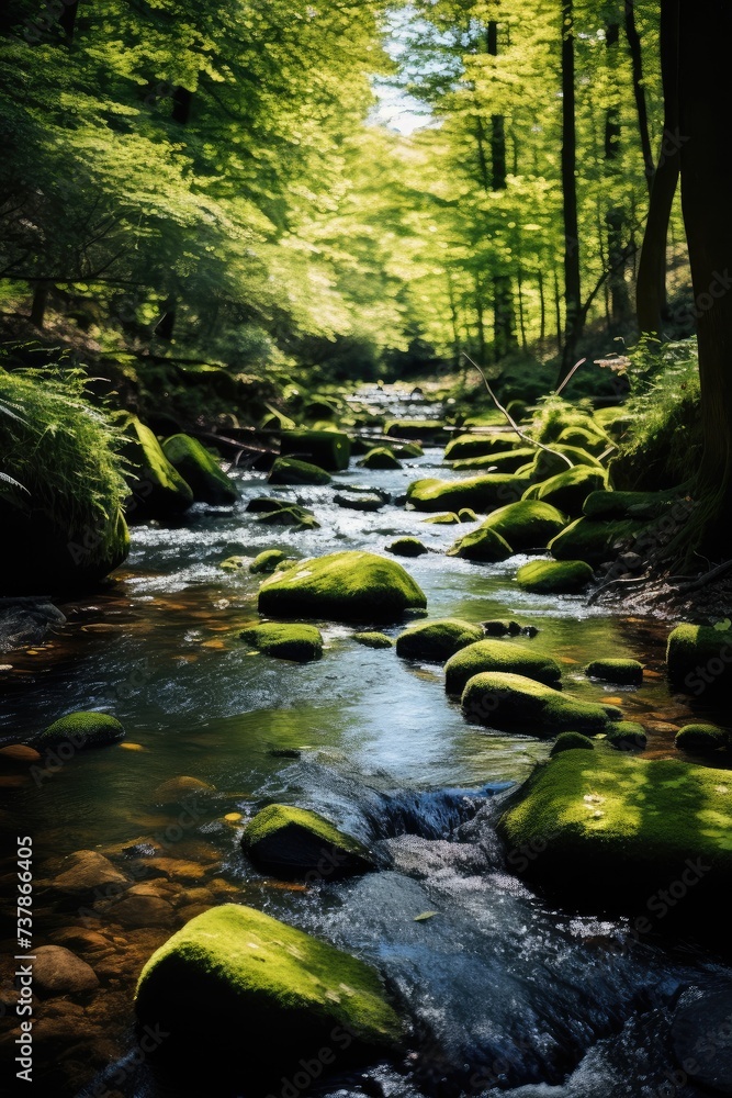 Serenity Stream: Moss-Covered Stones in a Whispering Forest Generative AI