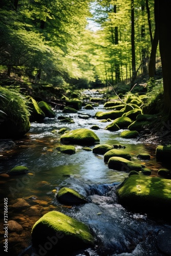 Serenity Stream  Moss-Covered Stones in a Whispering Forest Generative AI