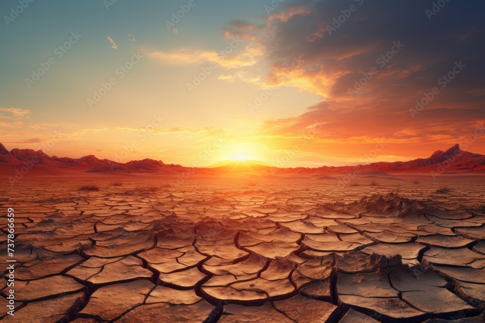 Vast Desert Sunset Embraces the Silence of a Parched Earth Generative AI - obrazy, fototapety, plakaty 