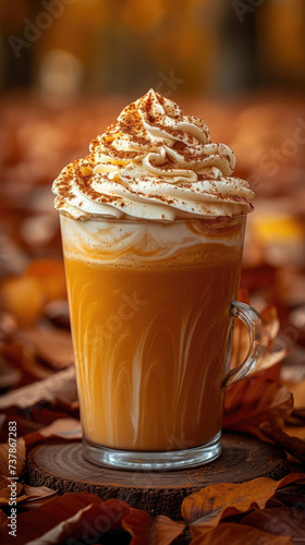 Savoring the Season  Indulge in a Close-Up of a Pumpkin Spice Latte  Crowned with Whipped Cream. A Warm and Cozy Delight to Embrace the Autumn Flavors