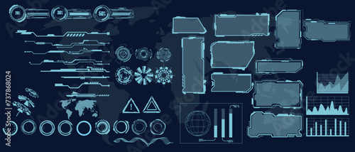 digital interface HUD elements set pack. User Interface, frame screens. Callouts titles, FUI circle set, Loading bars. Dashboard reality technology screen. Vector	
