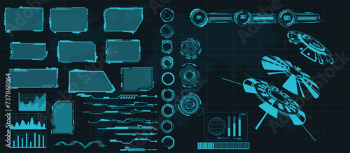 digital interface HUD elements set pack. User Interface, frame screens. Callouts titles, FUI circle set, Loading bars. Dashboard reality technology screen. Vector	
