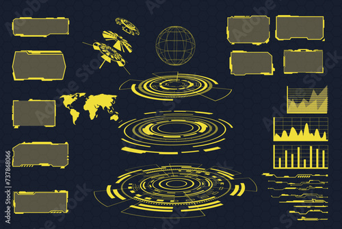 digital interface HUD elements set pack. User Interface, frame screens. Callouts titles, FUI circle set, Loading bars. Dashboard reality technology screen. Vector	
