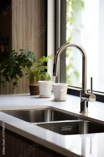 Elegant kitchen sink with chrome faucet and vase