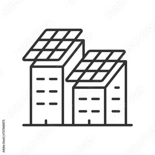 Solar panels on a building icon in line design. Solar, panels, building, energy, power, renewable isolated on white background vector. Solar panels on a building editable stroke icon.