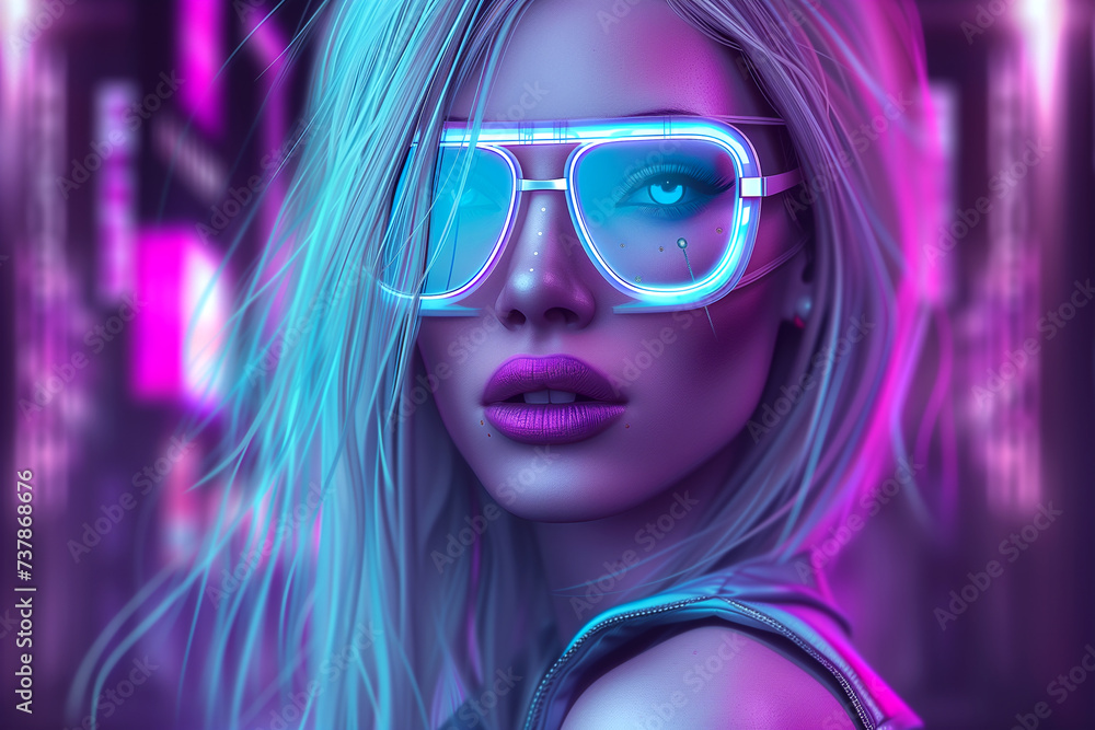 portrait of beautiful woman in glasses. illustration of cyberpunk style