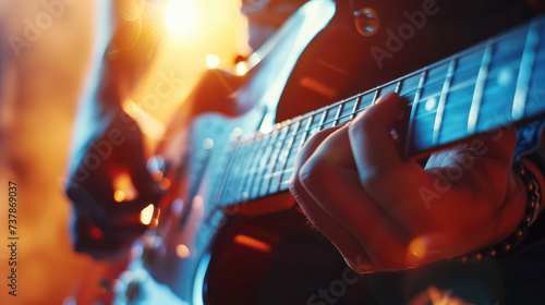  Close-up of a musician's hands skillfully playing an electric guitar, with a vibrant bokeh of stage lights. photo