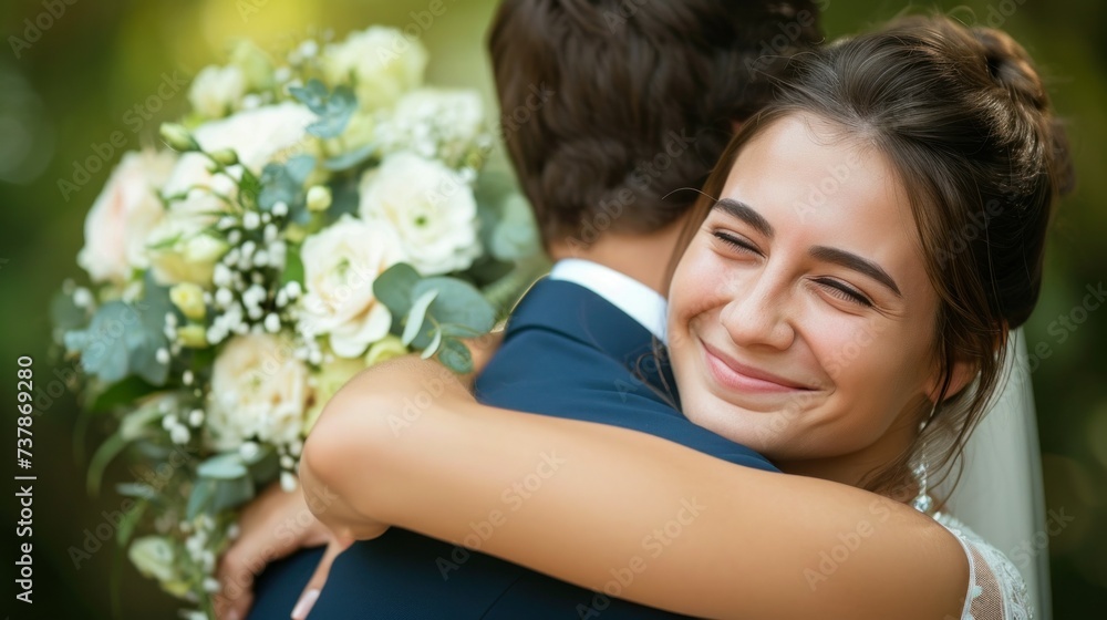 Bride hugging her groom on their wedding day
