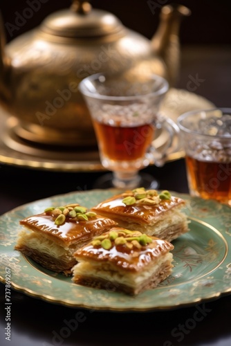 Elegant tea time with baklava and golden teapot set