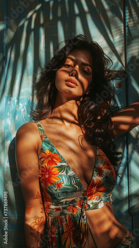 Full body photo with background crushed shadows edit of a 35mm photgraphy of a beautiful indian woman portrait