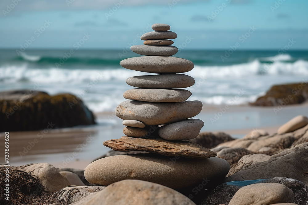 Fototapeta premium A pile of smooth stones carefully stacked on a pebbly beach, symbolizing balance, with the ocean as a calming backdrop