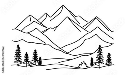 drawing mountain with forest pine trees landscape black line Sketch art Hand drawn linear style vector illustration