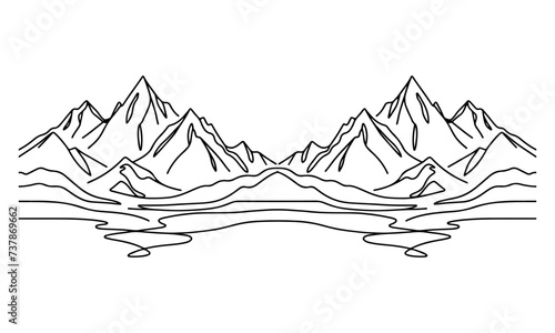 drawing mountain with forest pine trees landscape black line Sketch art Hand drawn linear style vector illustration