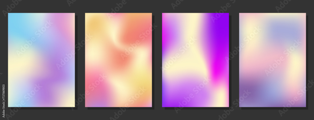 Set of modern colorful abstract liquid background a4. Dynamic gradient blurred waves. Trendy holographic vector banner for cover, presentation, magazine, flyer, poster.